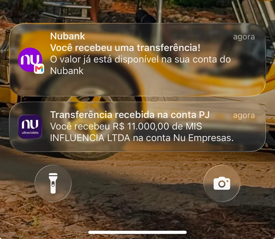 Notificação real de pagamento recebido de marca parceira