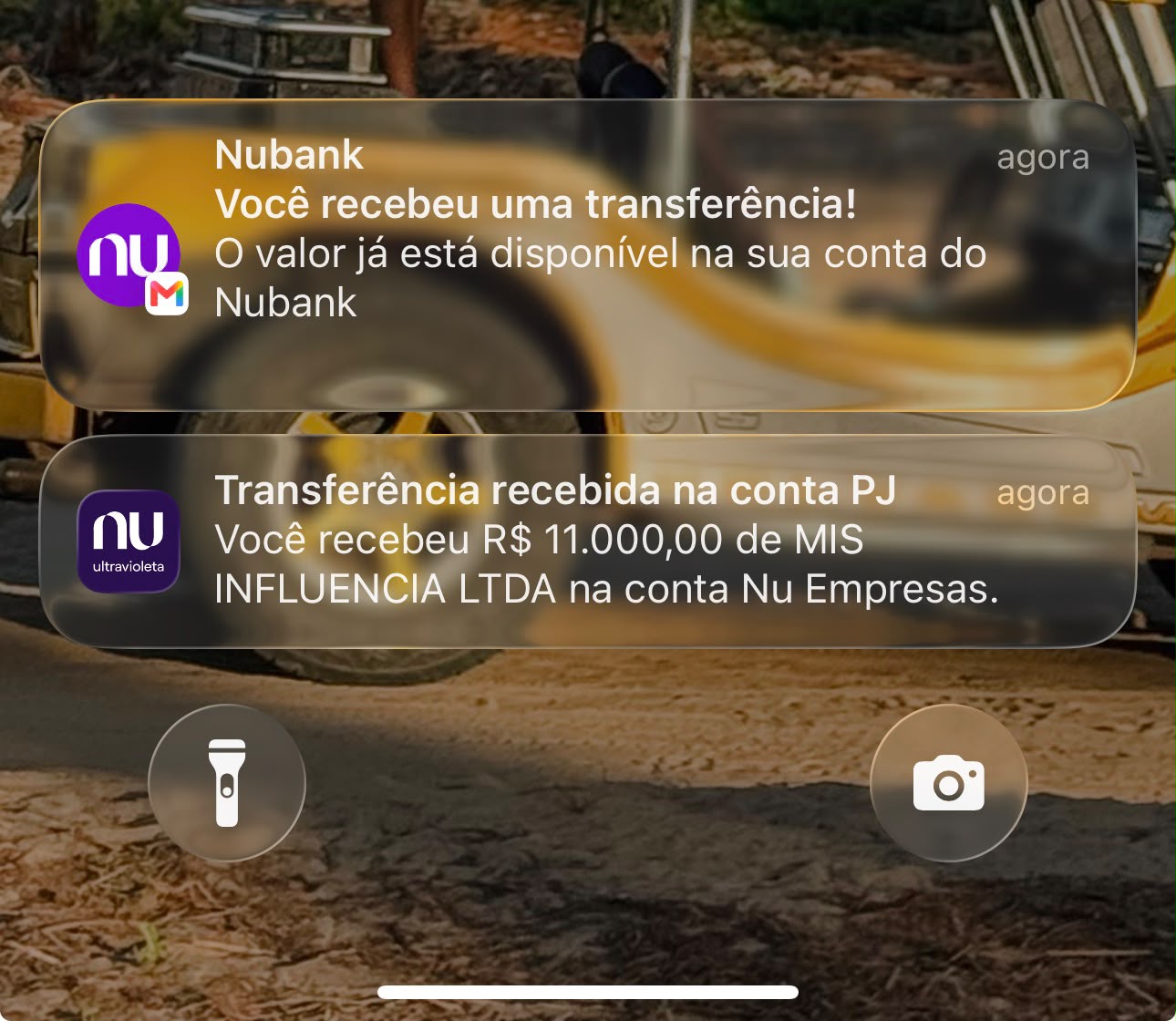 Notificação real de pagamento recebido de marca parceira